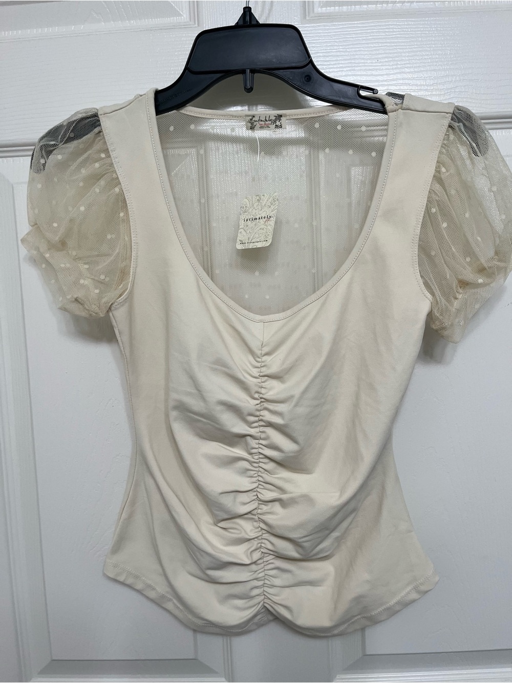 Free People Sheer Puff Sleeve Ruched Scoop-Neck Top - Cream,size XS, NWT